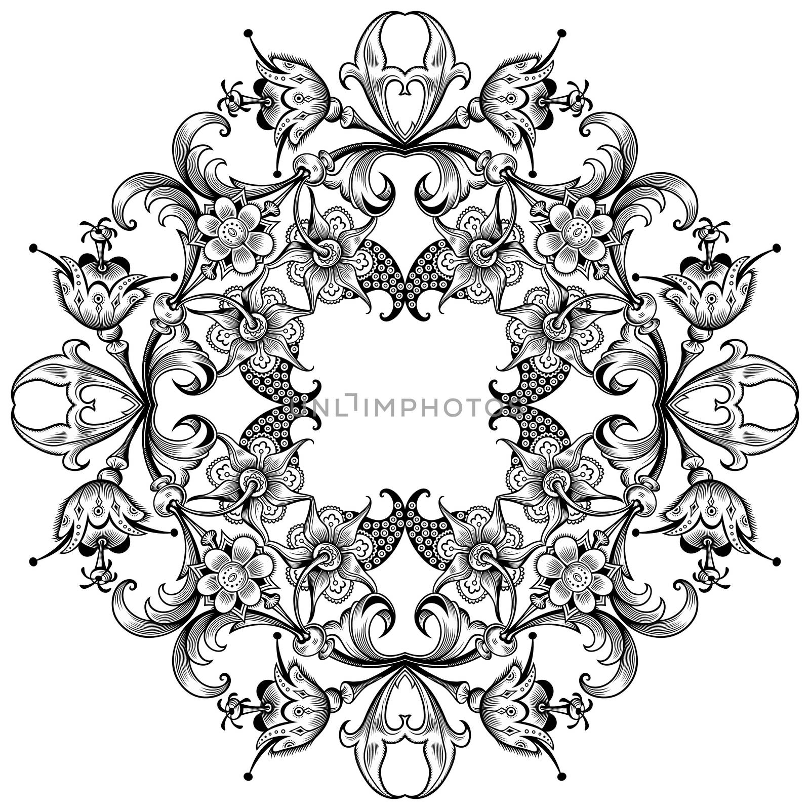 Vector abstract black color decorative floral ethnic ornamental illustration.