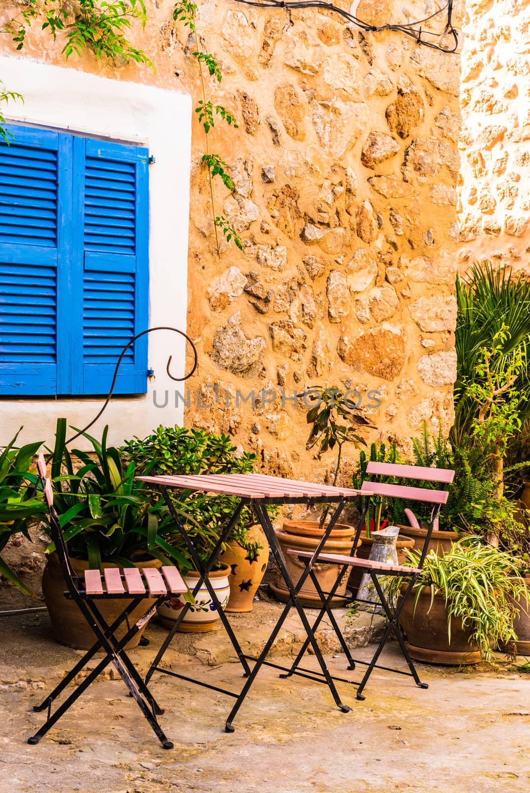 Cozy patio with plants, chairs and table of rustic mediterranean house