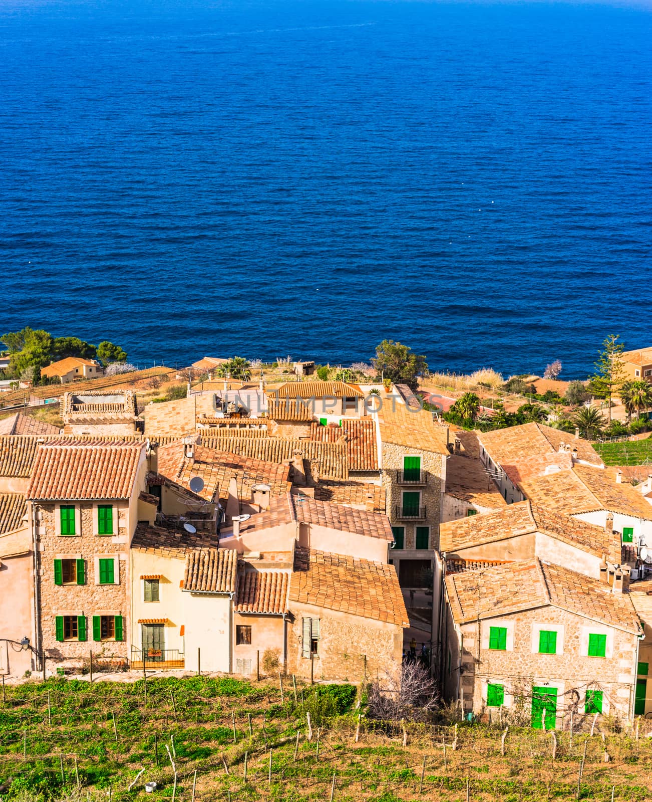 Beautiful view of the old rustic spanish village Banyalbufar on Majorca, Spain Balearic islands