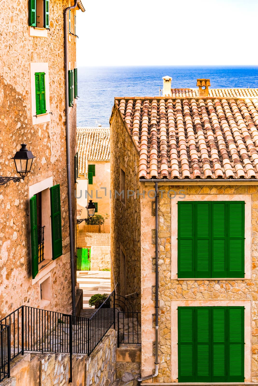 View of houses in Banyalbufar village on Mallorca island, Spain