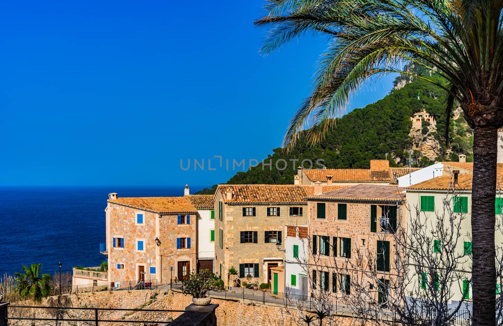 View of Banyalbufar village at the coastline on Mallorca island, Spain Mediterranean Sea