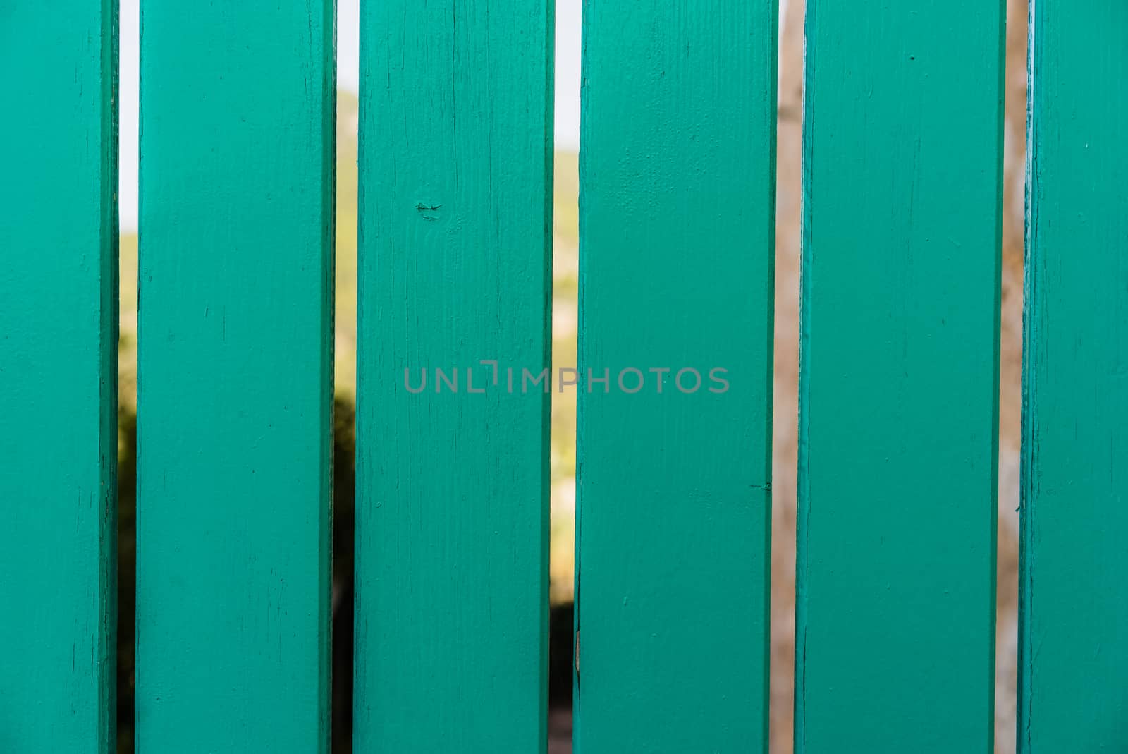 Close-up of green planks of wooden fence, background texture