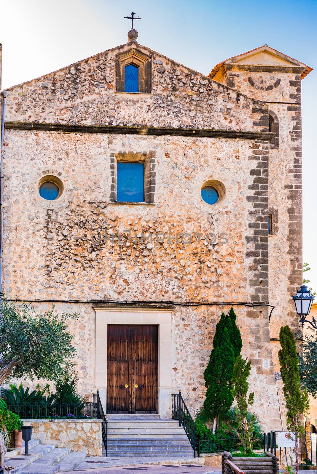 View of the old church in Banyalbufar on Mallorca, Spain Balearic islands