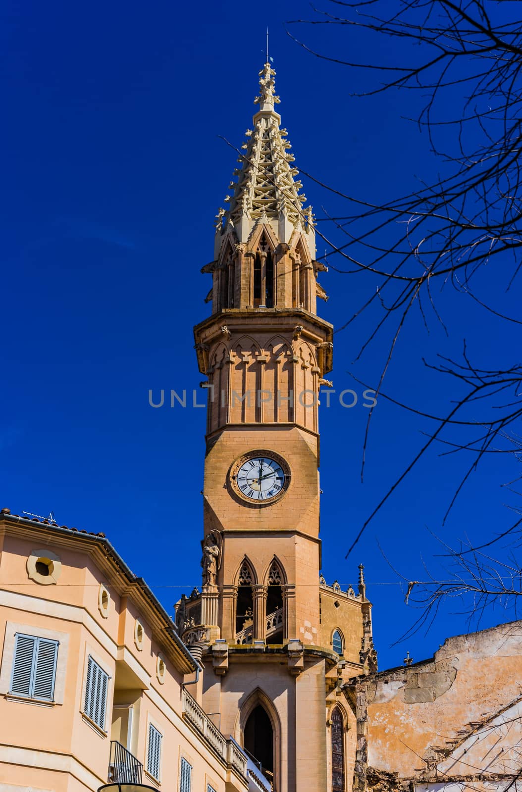 Steeple of the church Nostra Senyora dels Dolors in Manacor on Mallorca, Spain