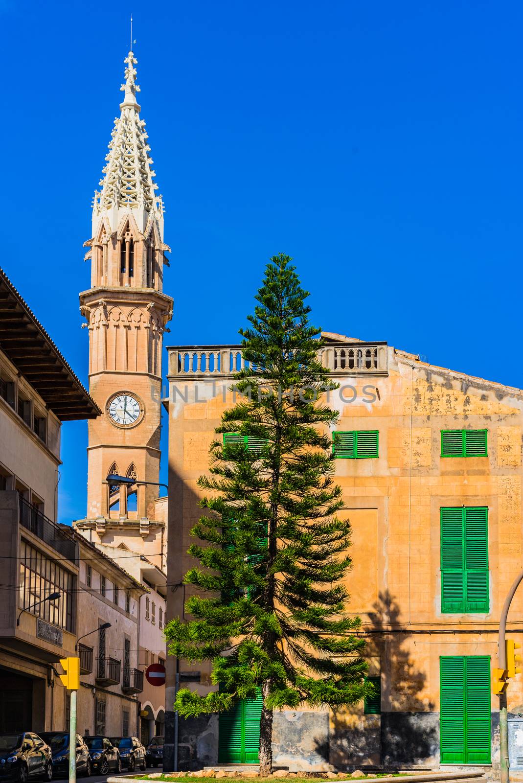 Nostra Senyora dels Dolors church spire in Manacor on Mallorca, Spain