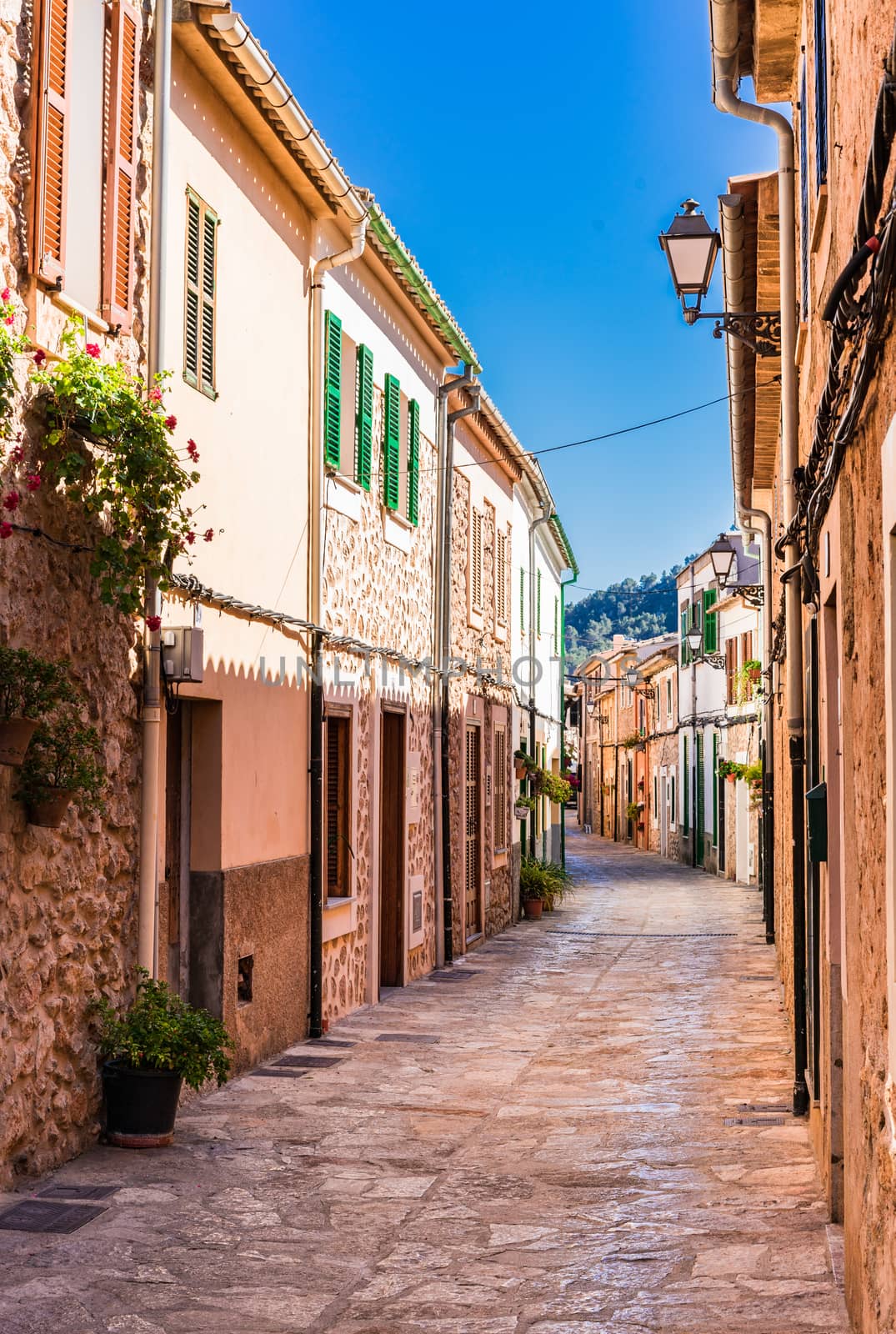 Empty street in the small town of Esporles on Mallorca island, Spain