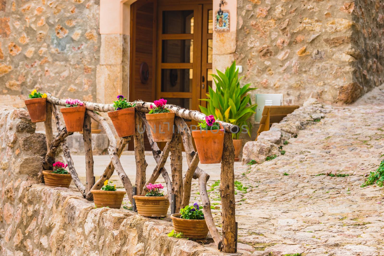 Flower pots hanging on fence in Valldemossa village on Majorca island, Spain