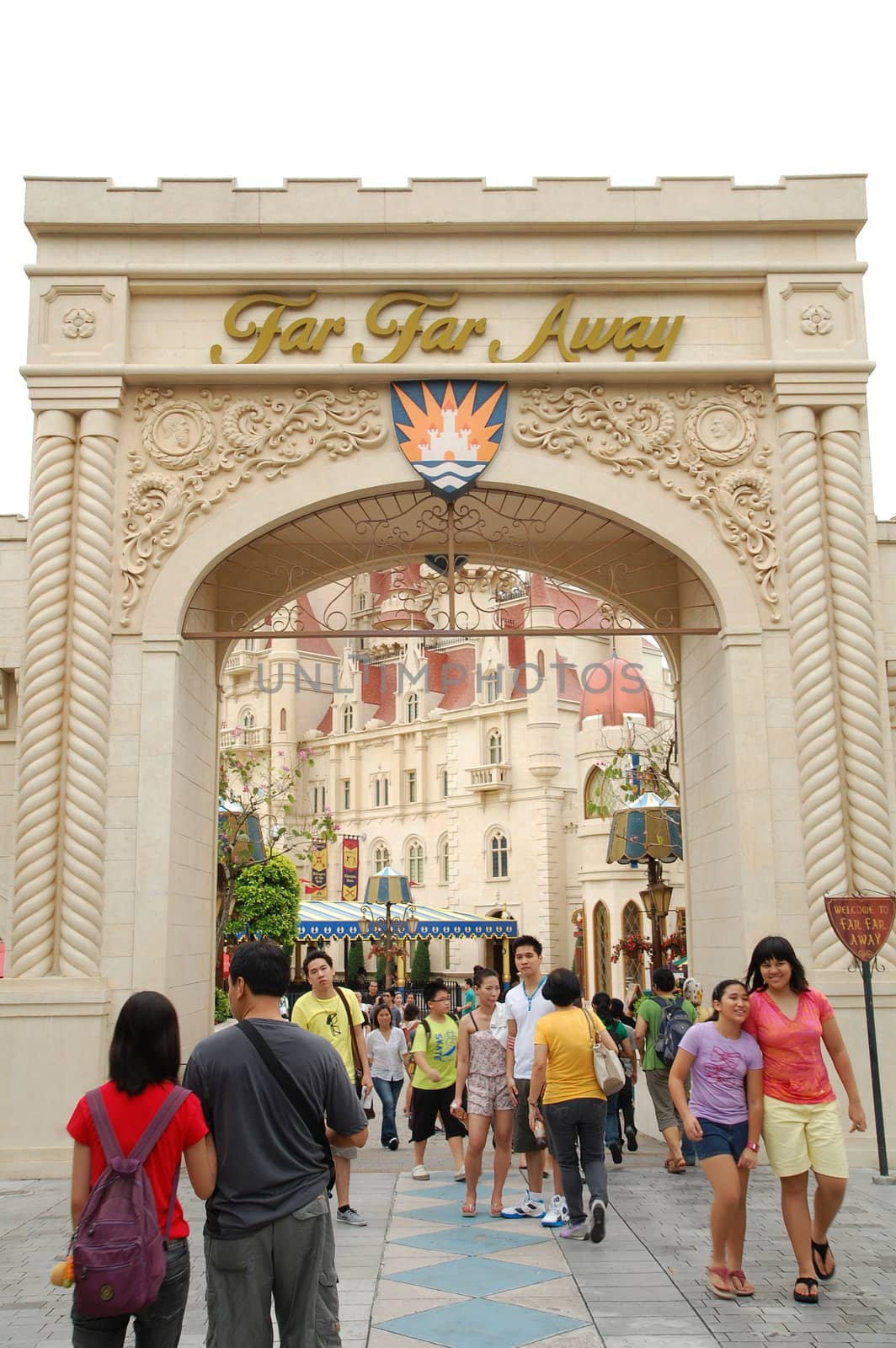 SENTOSA, SG - APRIL 5 - Universal Studios Singapore far far away Shrek theme arch on April 5, 2012 in Sentosa, Singapore.