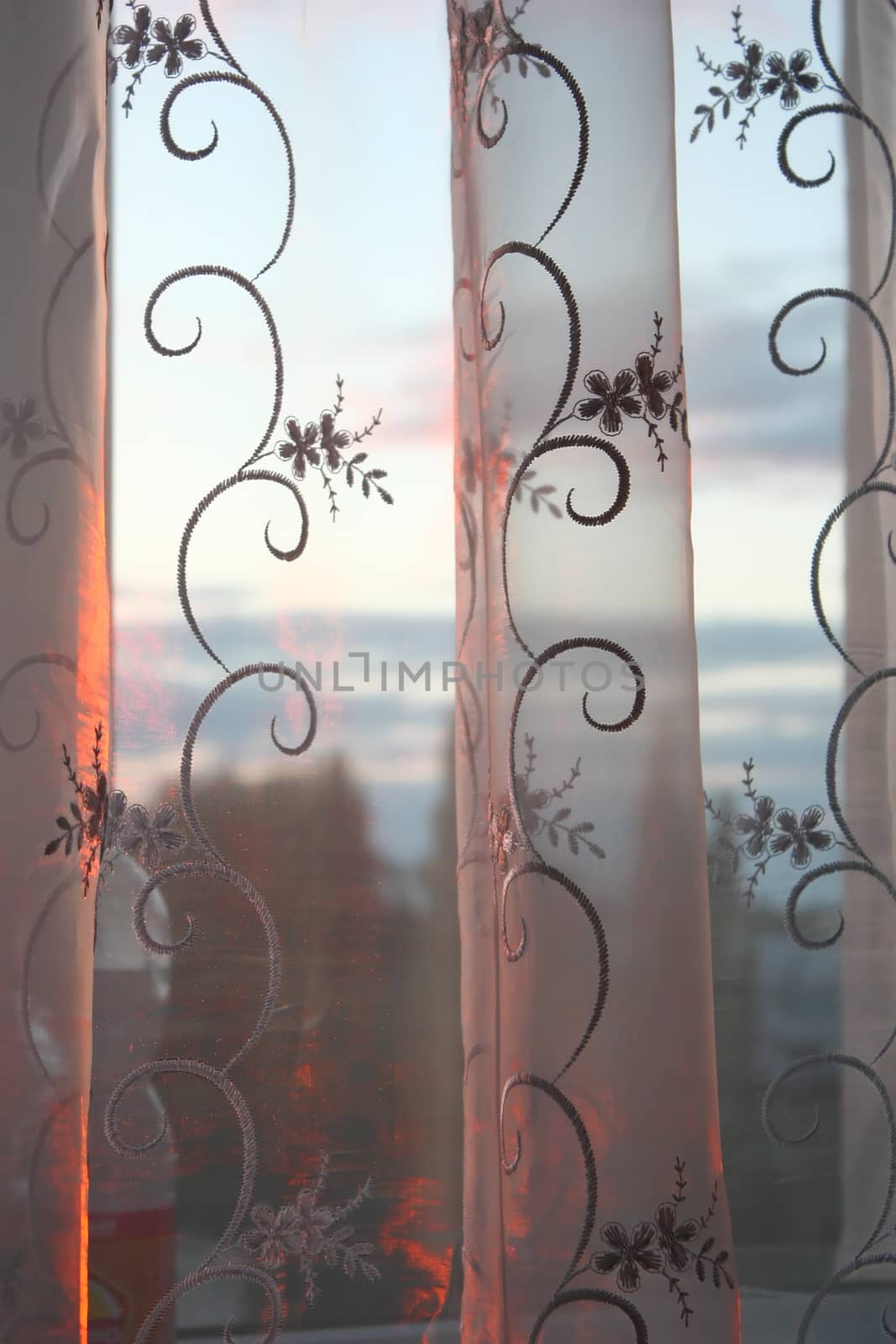 Abstract background with tulle over sunset and sky, shallow dof