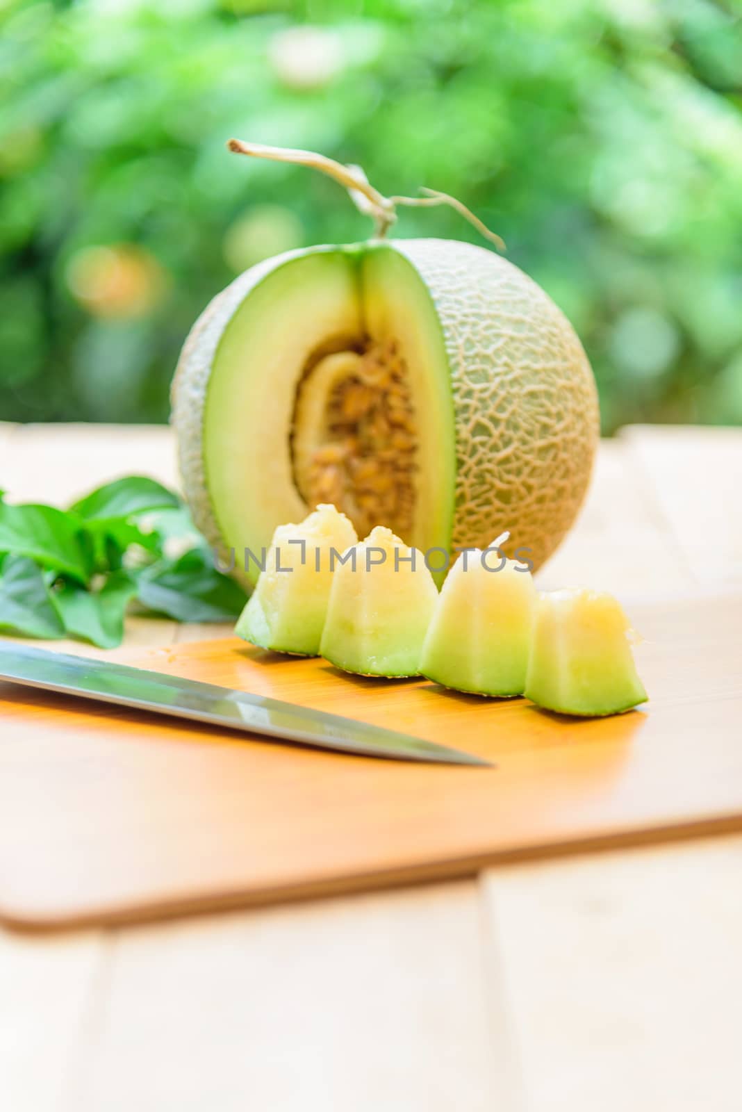 Fresh green melon on wood plate by rukawajung