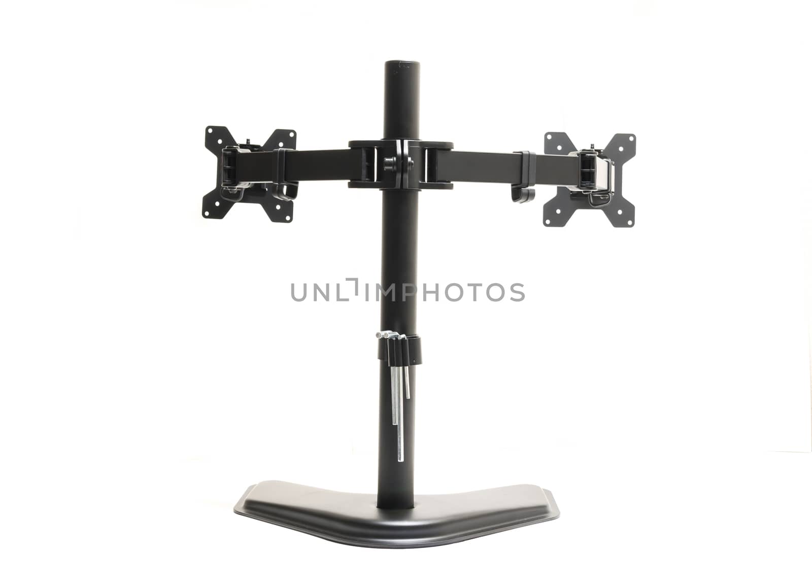 Rear view modern dual monitor desk mount stand isolated on white background by trongnguyen