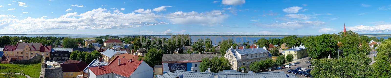 Panoramic aerial view of Haapsalu, sea and skyline. by PhotoTime