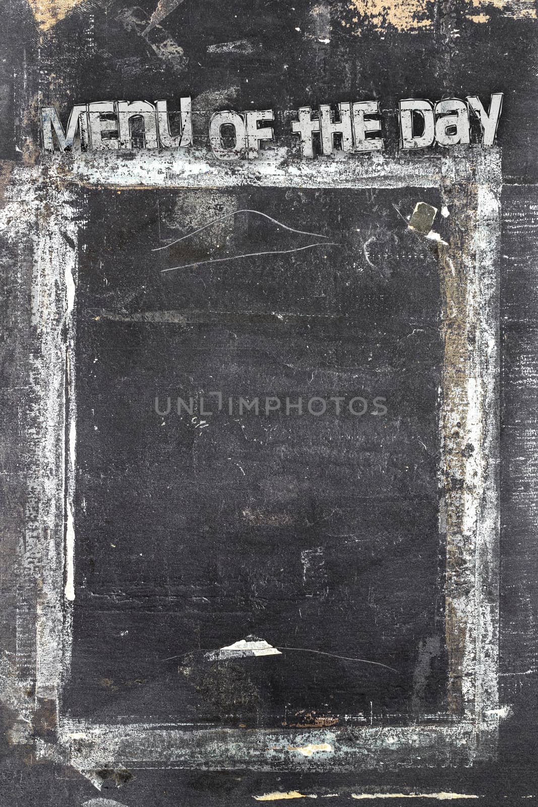 Blackboard in grunge style, scratched and ruined, with message "Menu of the day".