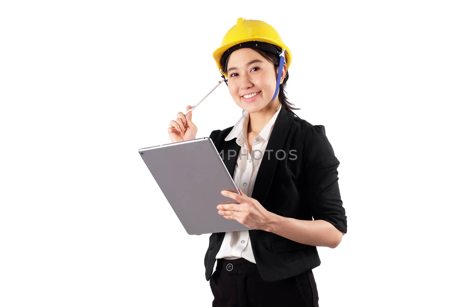 Young woman engineer holding digital tablet wtih smile isolated on white background