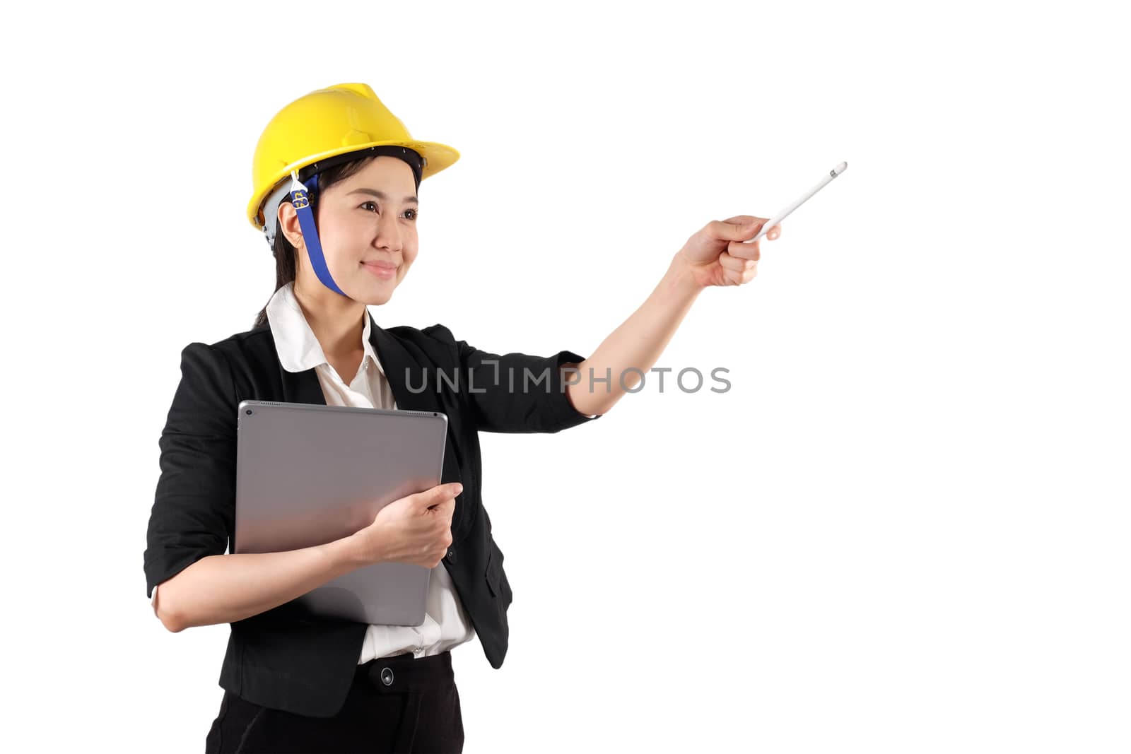 Young woman engineer holding digital tablet wtih smiling isolated on white background

