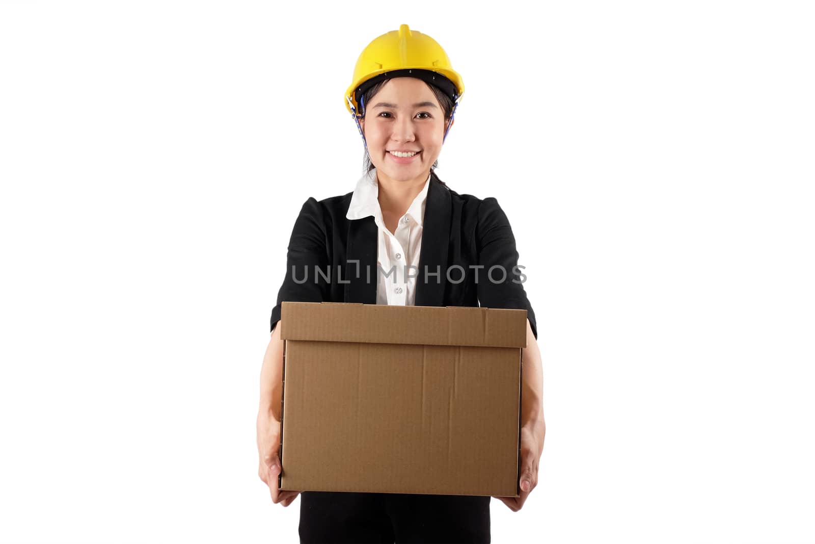 Young woman engineer holding paper box and isolated on white bac by Surasak