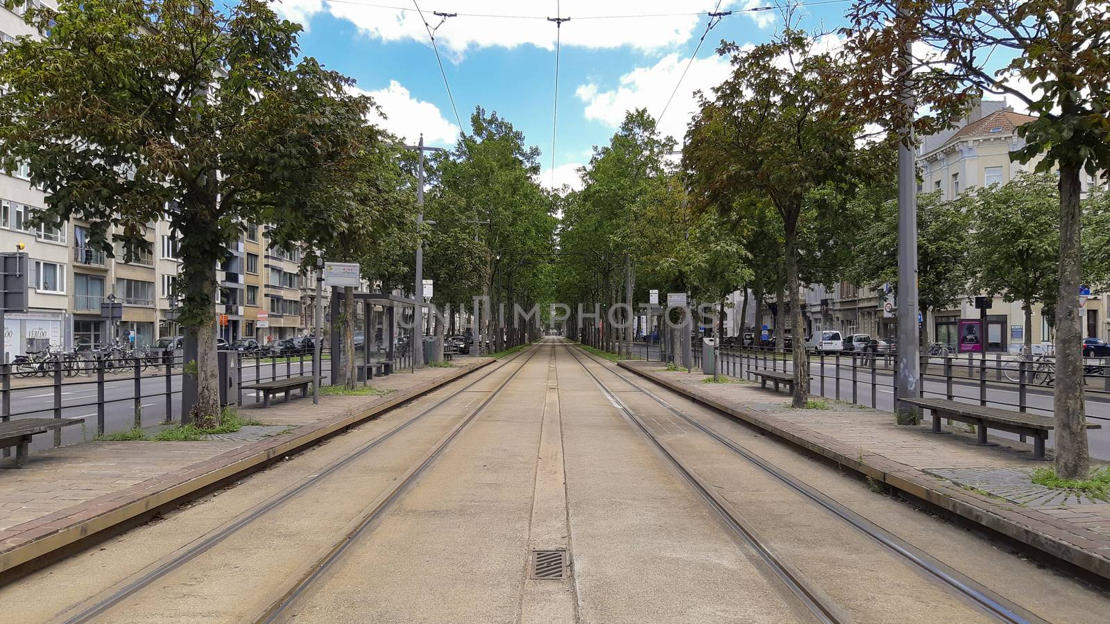Antwerp, Belgium, July 2020: view on the tram tracks on De Leien