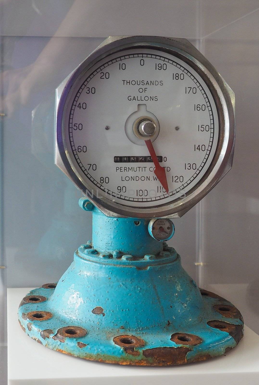 LONDON, UK - CIRCA JUNE 2019: water meter instrument to monitor the flow of water measured in thousands of gallons