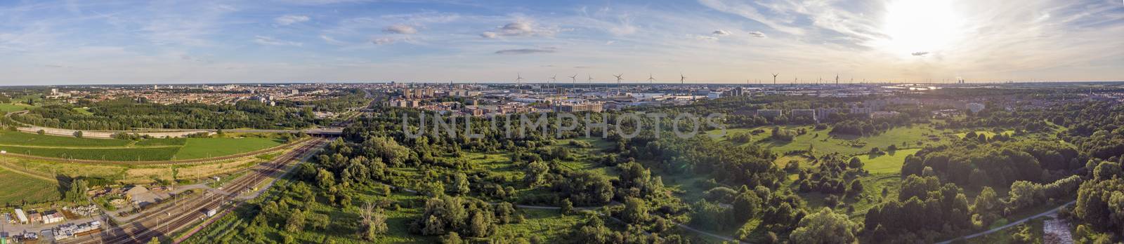 View on Antwerp North area, with city and harbor in far distance, nature park oude landen in foreground. Travel and Tourism.