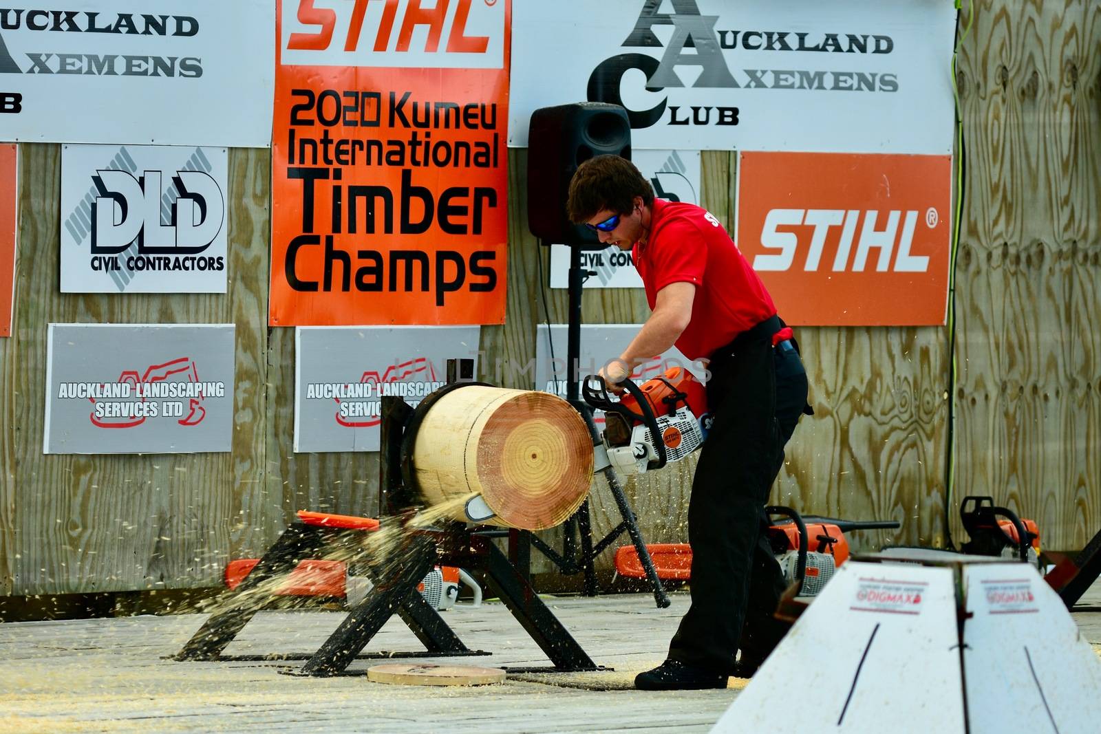 Kumeu, New Zealand - Mar 2020. 98th Annual Kumeu Show, International Timber Sports (the world Champion Axemen). Competition among renowned world axemen who came to New Zealand specifically for this event. by Marshalkina