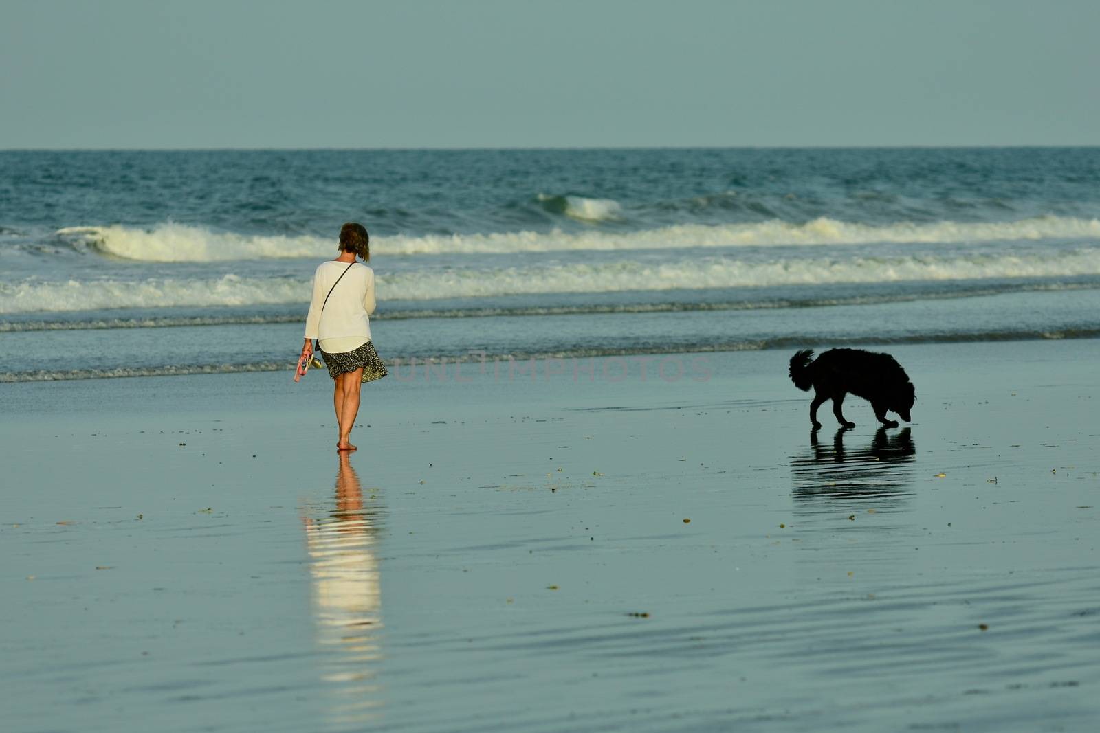An unidentified young woman enjoying a walk on the beach, with her dog exploring the beach.