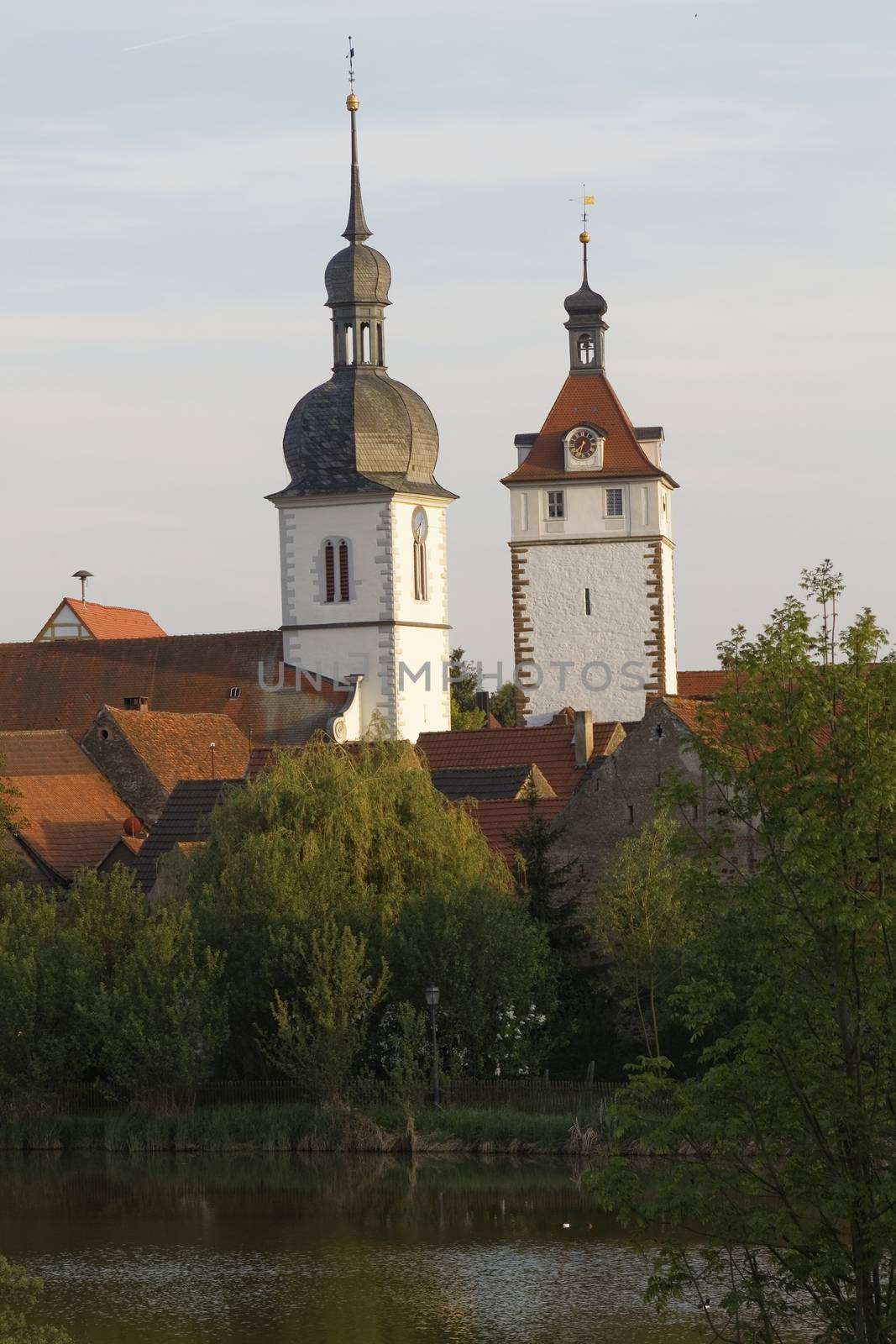 the city Prichsenstadt - Bavaria - Germany - City Tower and church - smalest city in Bavaria