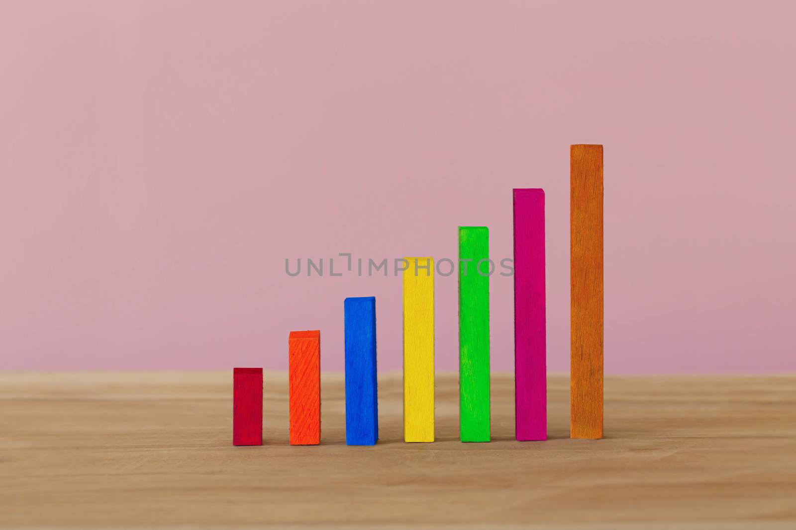 Progress or success concept. Arrange color wood bar graph on a table. Risk management business financial and managing investment for long term growth.