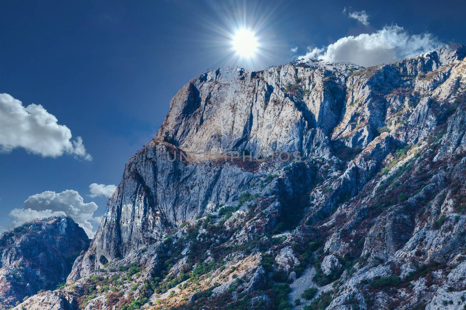 Sunlight on Mountain Cliff in Montenegro near Kotor