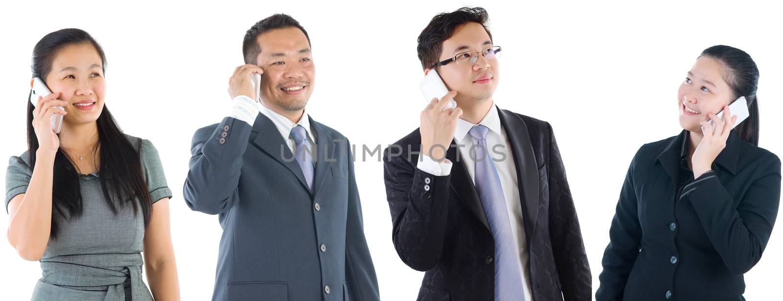 Portraits of diverse asian people and mixed age group of business professionals making call with smartphone.Concept of financial, technology and marketing business. 