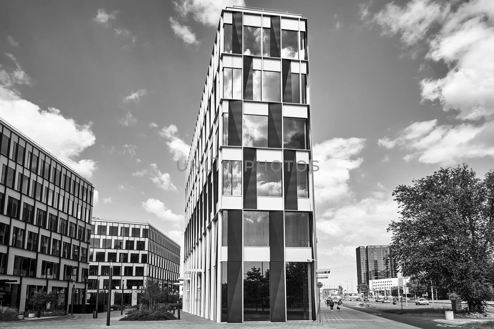 Street with modern office buildings in the city of Poznan, black and white