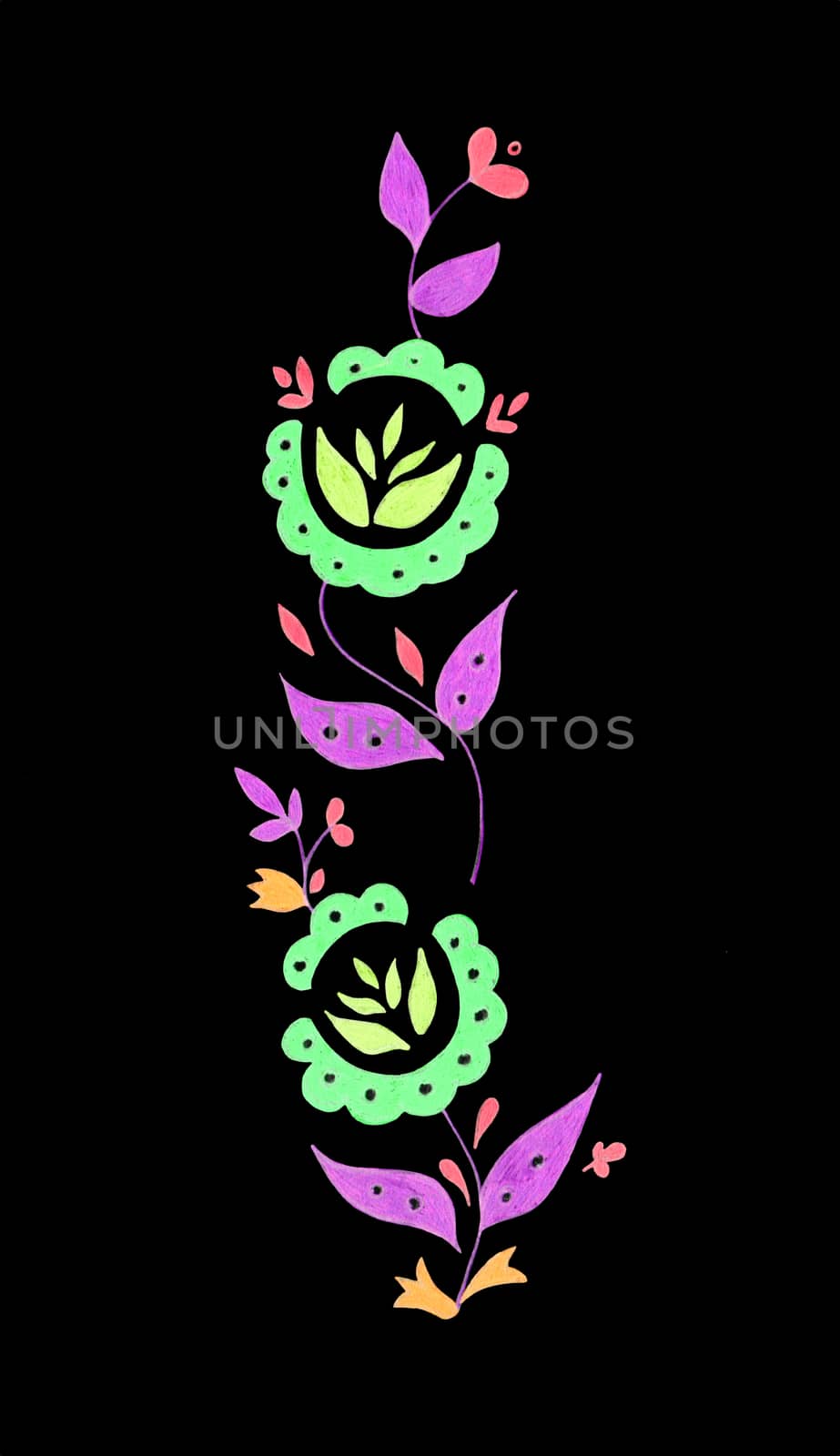 Decorative composition of abstract doodle flowers and leaves. Floral motif illustration. Design element. Hand drawn vertical ornament isolated on white background