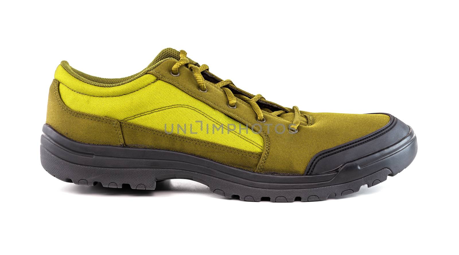 right cheap yellow hiking or hunting shoe isolated on white background.