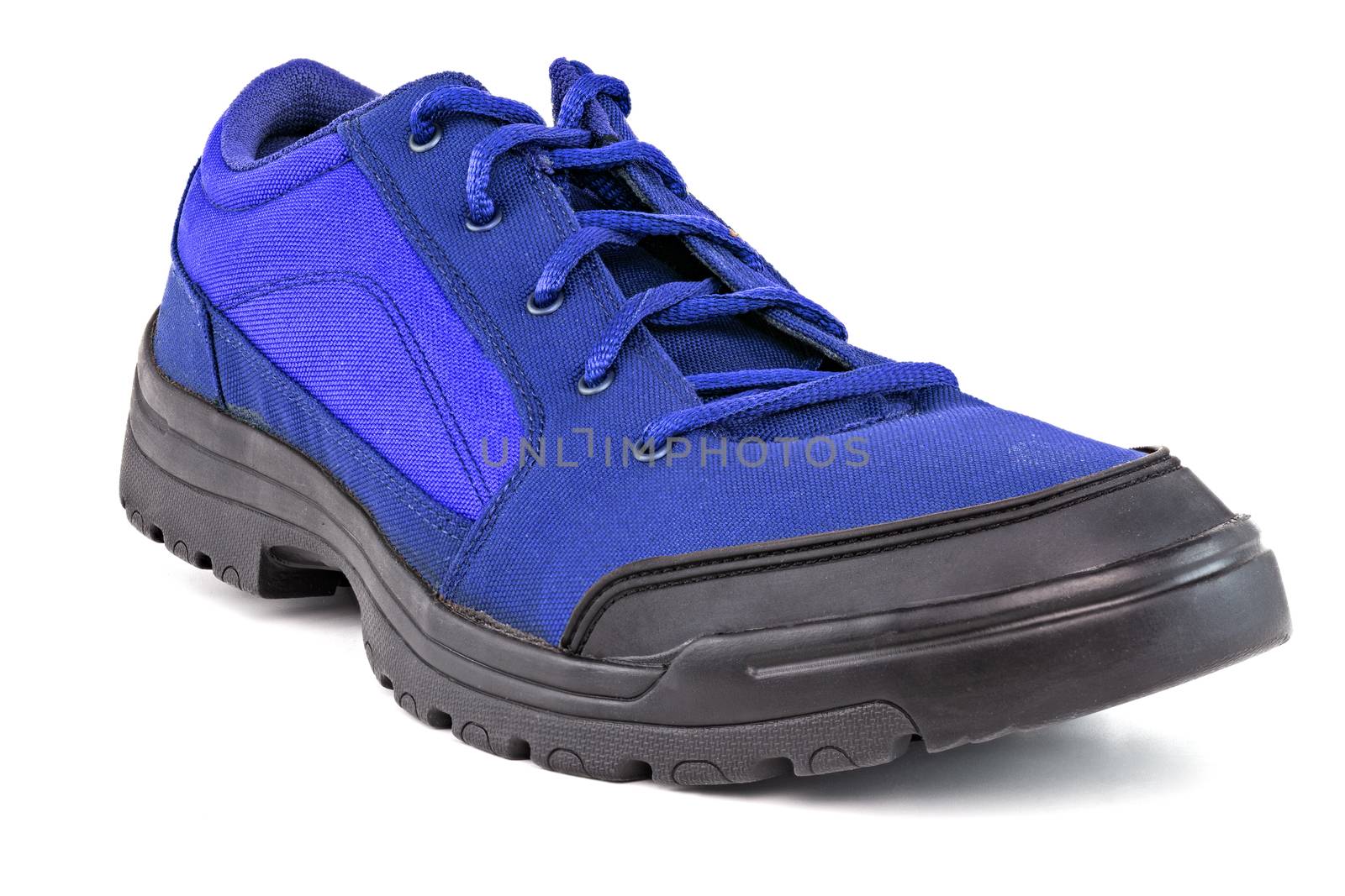 right cheap simple blue hiking or hunting shoe isolated on white background.