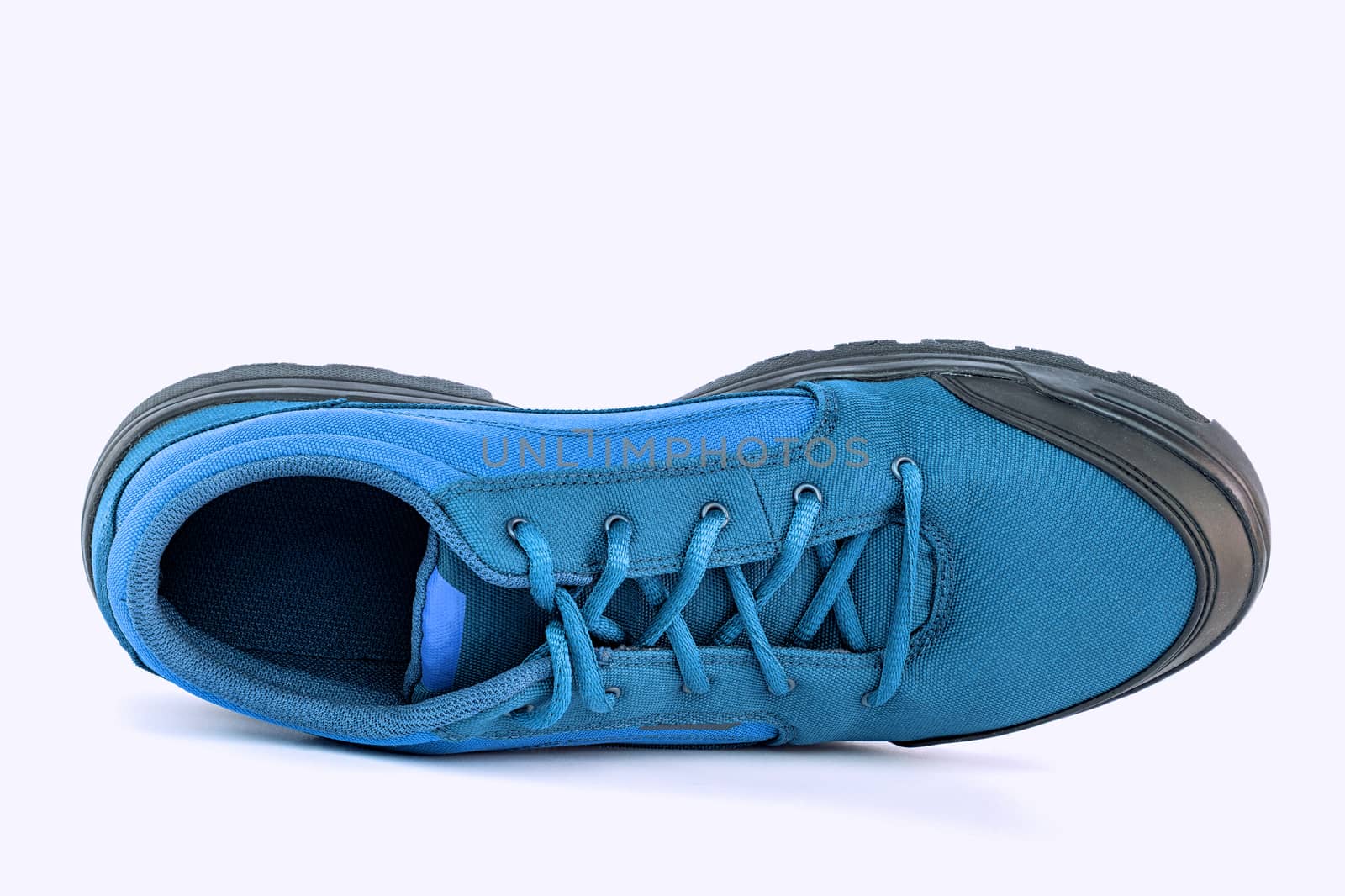 right cheap simple cyan hiking or hunting shoe isolated on white background - view from above by z1b