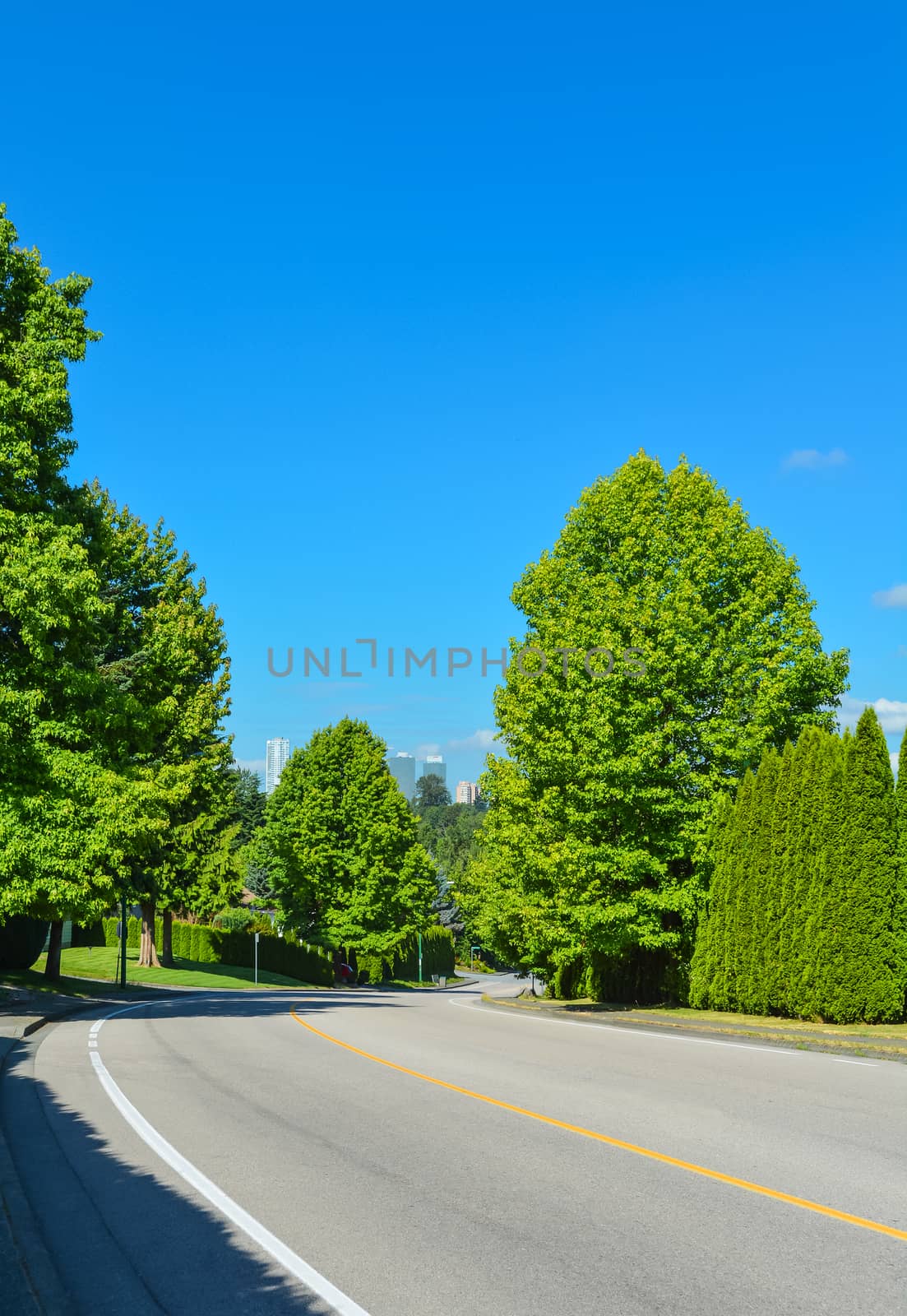 Suburban asphalt road curve leading to a city