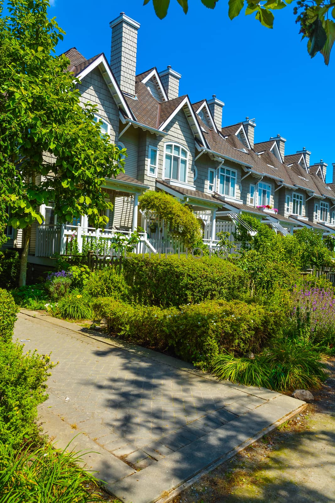 Residential townhouses on sunny day in Vancouver, British Columbia, Canada