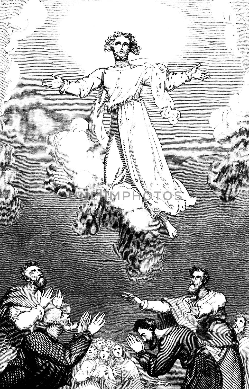 An engraved illustration image of Jesus Christ resurrection Asce by ant