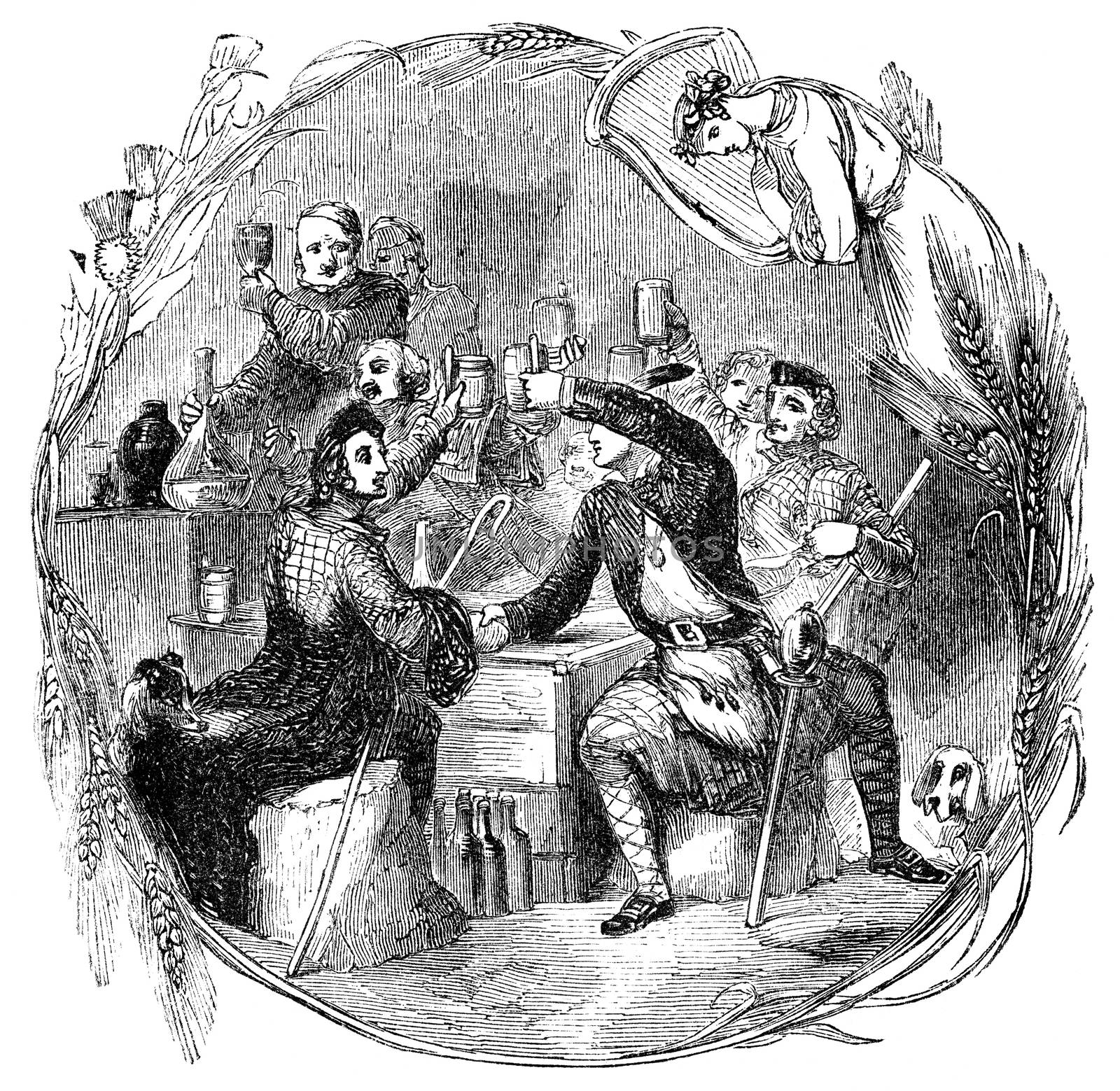 An engraved vintage illustration drawing of  the celebration of Auld Lang Syne at the New Year eve from a Victorian book dated 1854 that is no longer in copyright