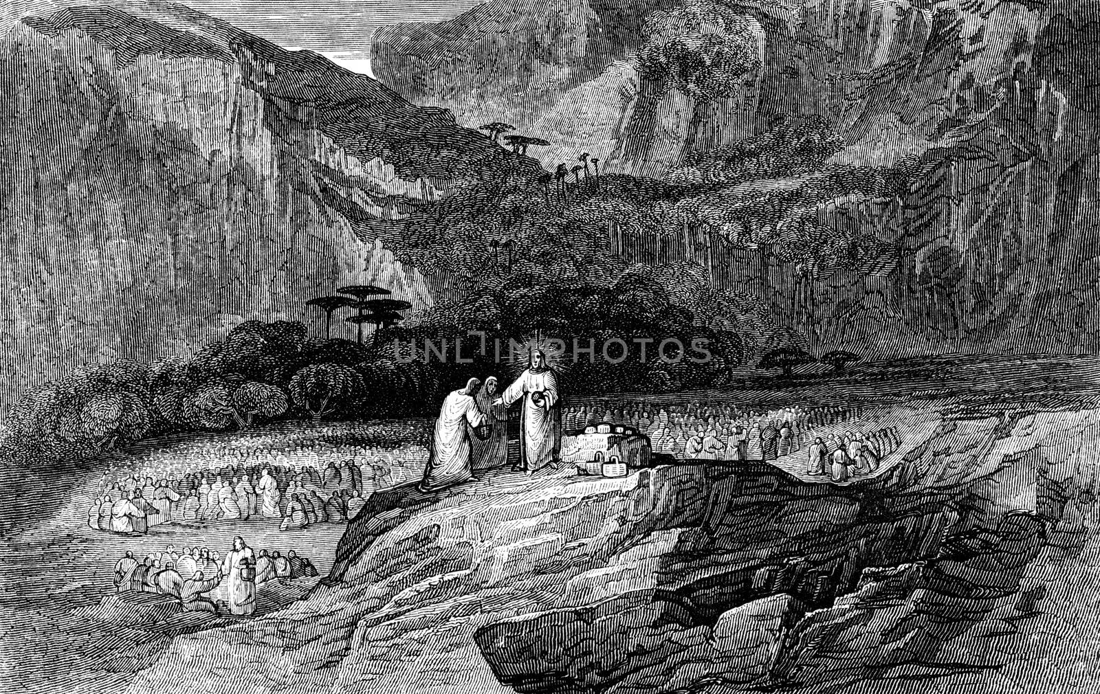 An engraved vintage illustration image of Jesus Christ Feeding of the Multitude, also known as the Feeding of the Five Thousand of the New Testament Bible, from an antique book dated 1836 that is no longer in copyright