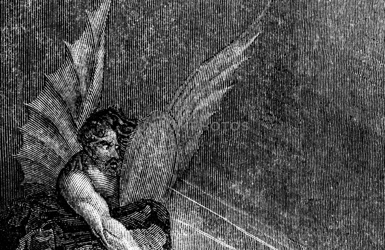 An engraved vintage Bible illustration drawing of Satan the devil from an antique book dated 1836 that is no longer in copyright