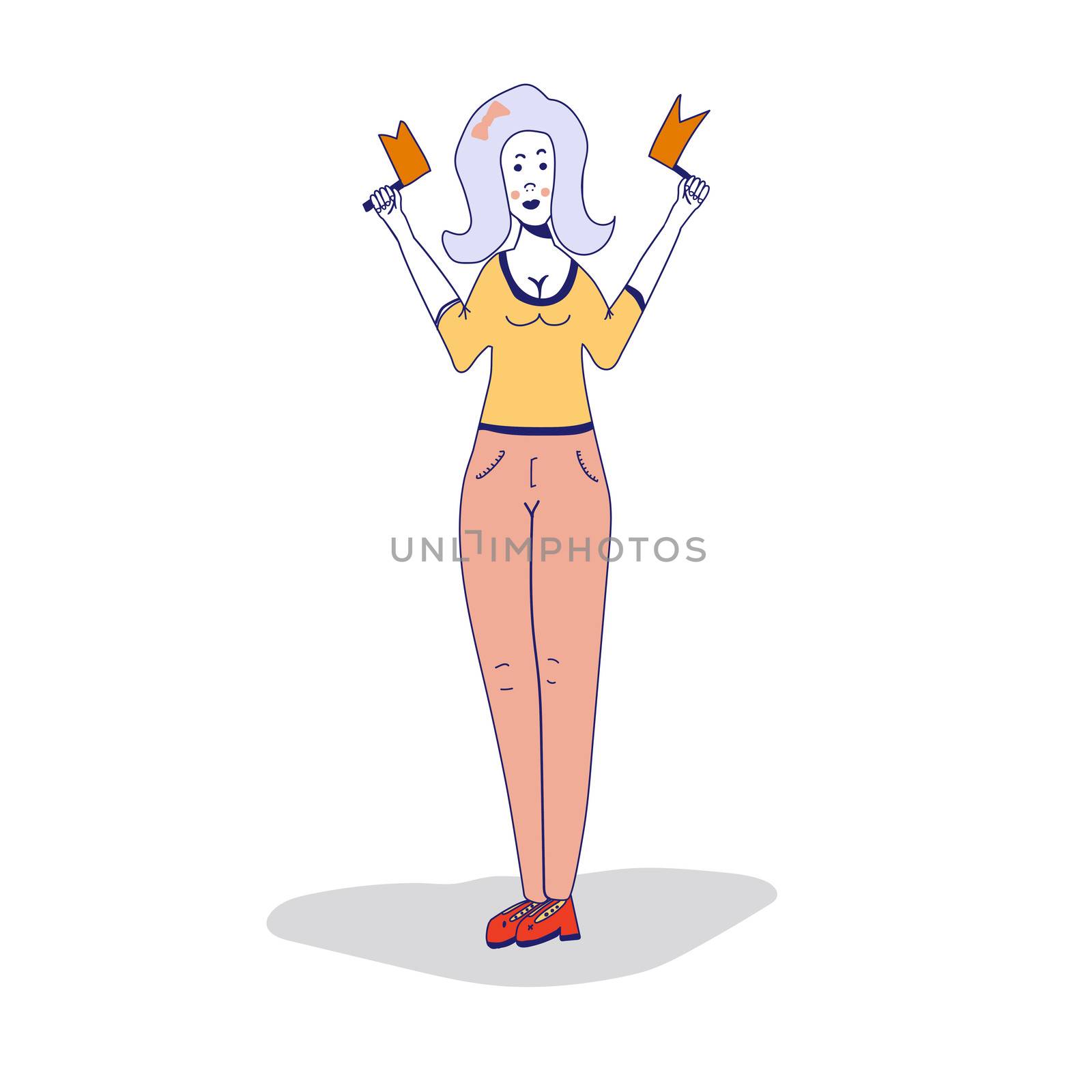 cartoon style illustration of a happy smiling girl holding a white flag empty banner for your design