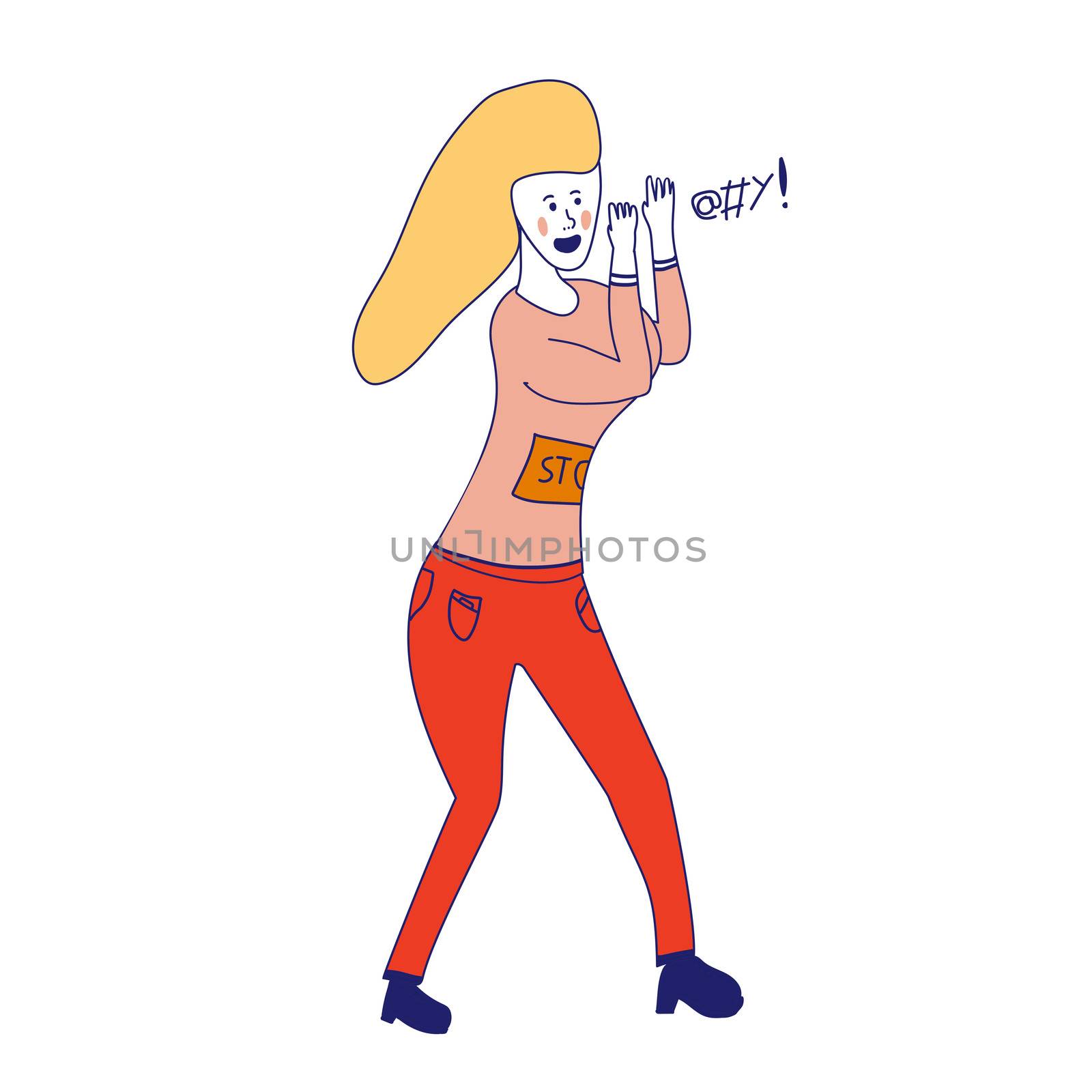 Character of female office worker, businesswoman, suite man, holding fists, celebrating, shouting, happy, excited, winning in success. Outline hand draw, sketch design simple style