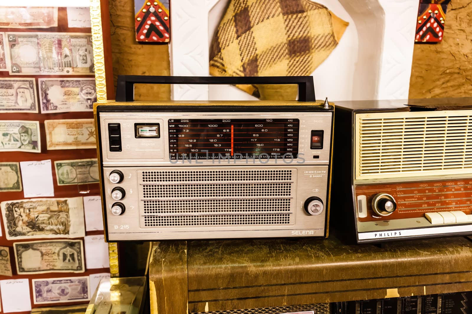 Vintage radios on the exhibition in the Ushaiqer Heritage Village Museum by vdvornyk