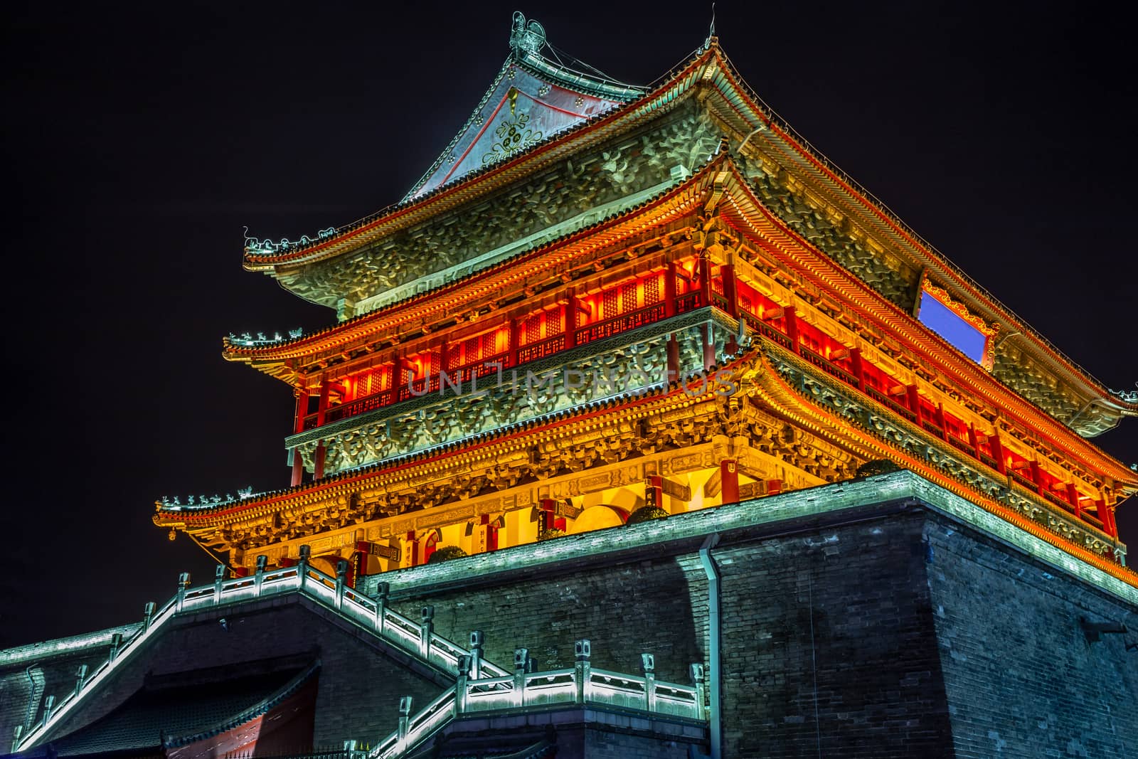 Illuminated Bell Tower temple of Xi'an, night scene, Xian, Shaan by ambeon