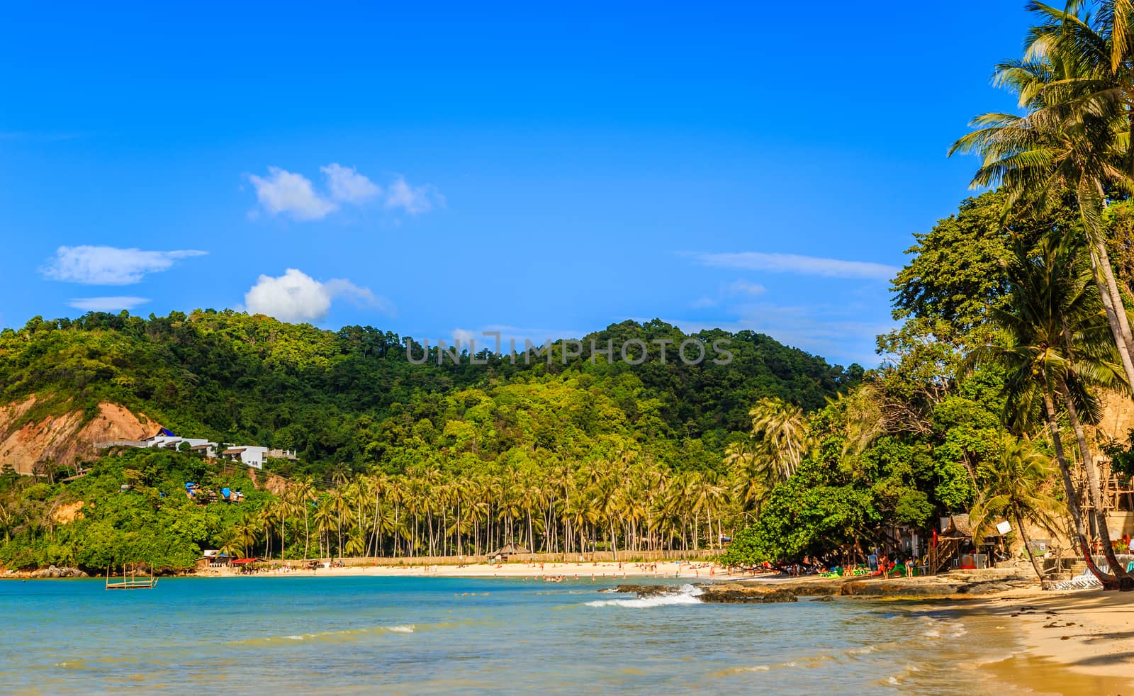 Tropical island landscape with beach and palms, Ipil beach, Palawan, Philippines