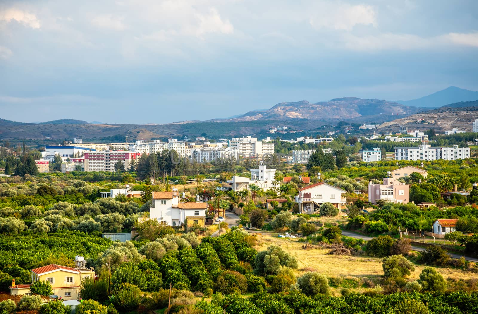 Lefka city center with modern buildings and green residential suburbs, Northern Cyprus