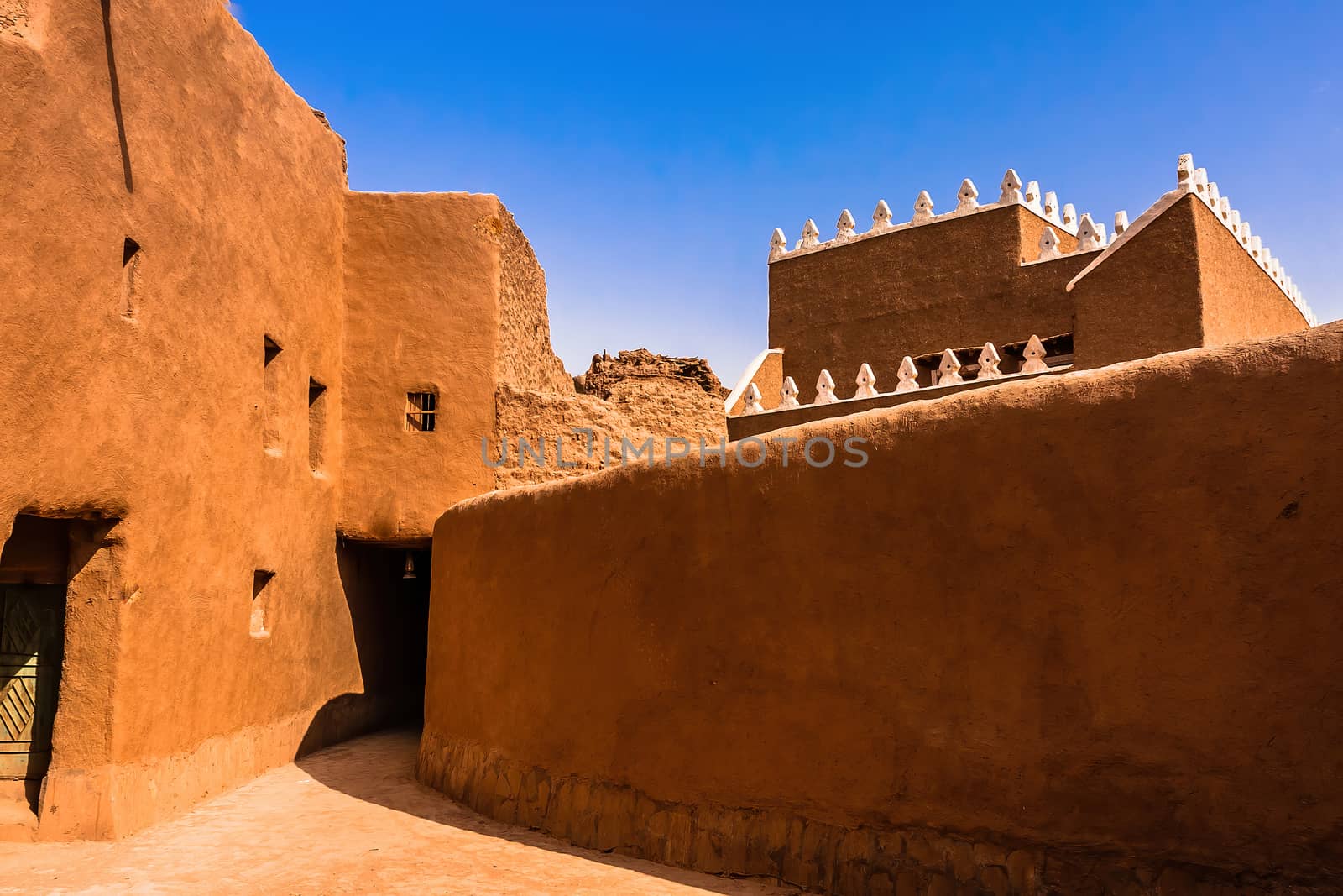 Restored traditional mud-brick buildings in Ushaiqer Heritage Village