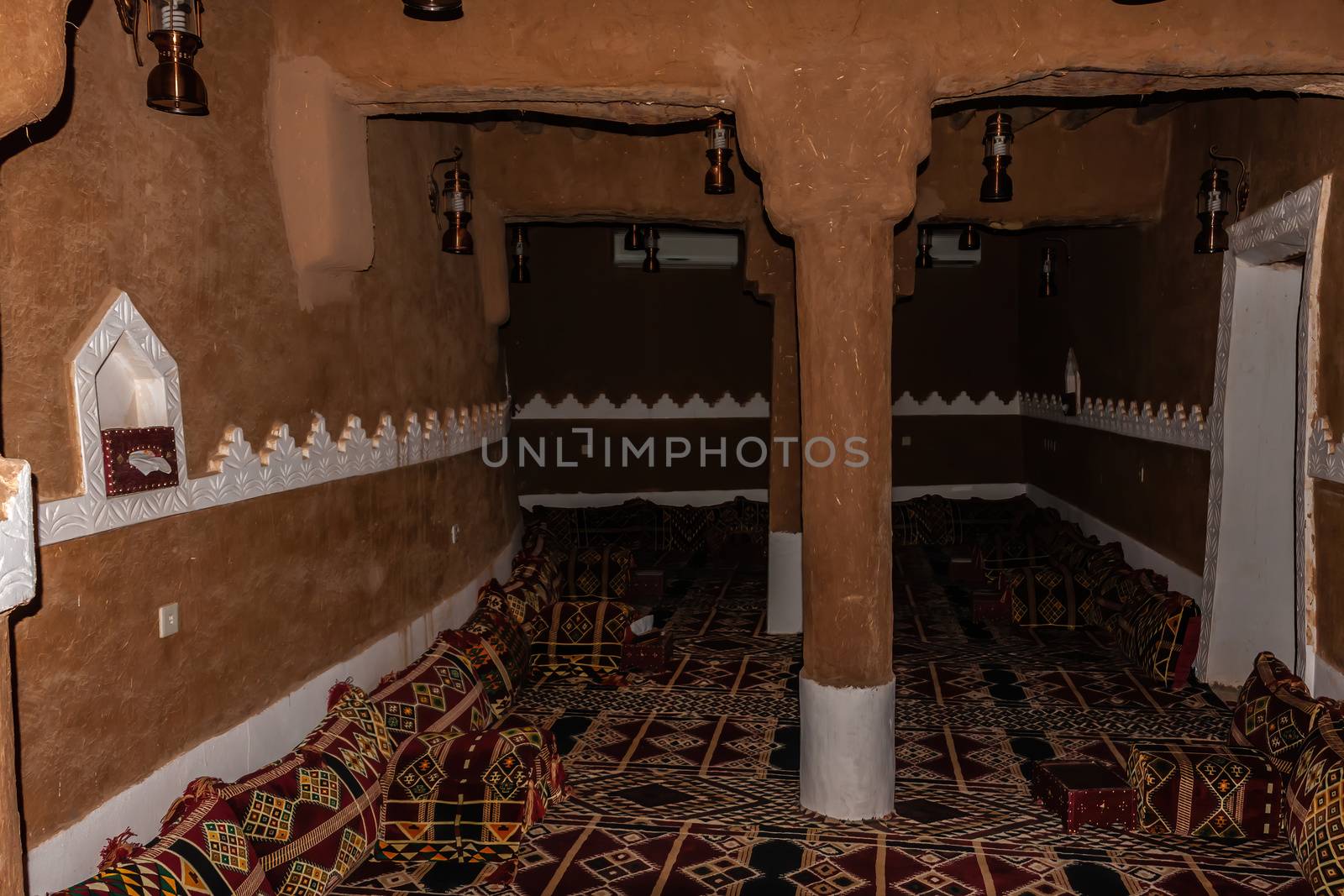 The interior of the traditional Arab mud-brick house in Ushaiqer Heritage Village