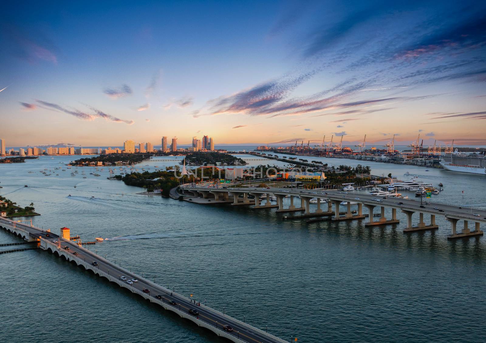 Two Miami Causeways at Sunset over Biscayne Bay