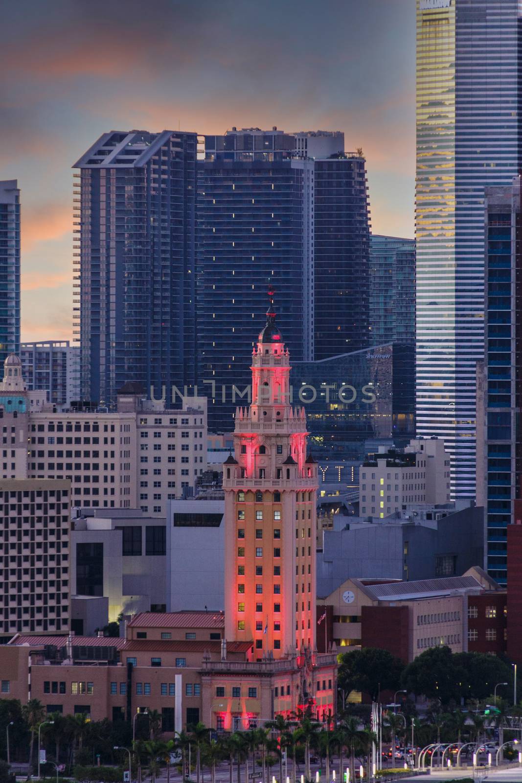 Red Lights on Miami Building at Dusk by dbvirago